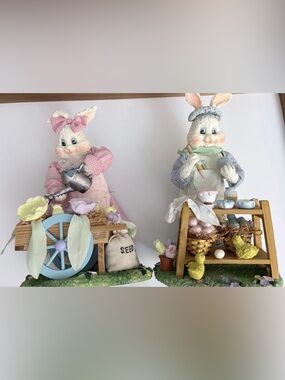 Preparing For Spring "Peter and Patricia" Easter Bunny Rabbit Figurines Set Of 2